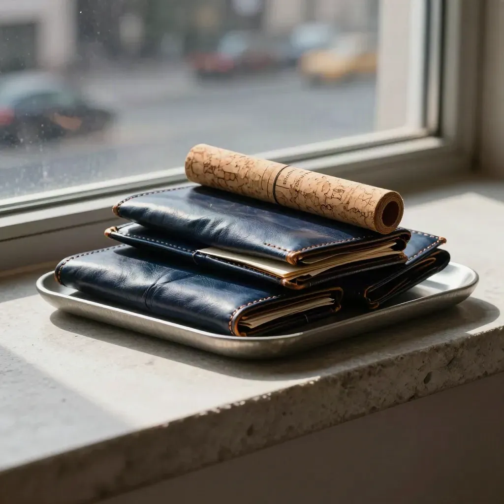 Navy scheme wallets and cork tube on a stone console in afternoon city light