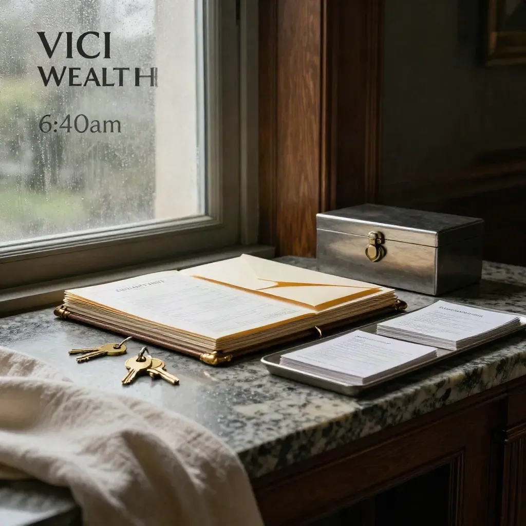 Brass wealth folio, pension envelopes, keys and lockbox in a misty morning office.