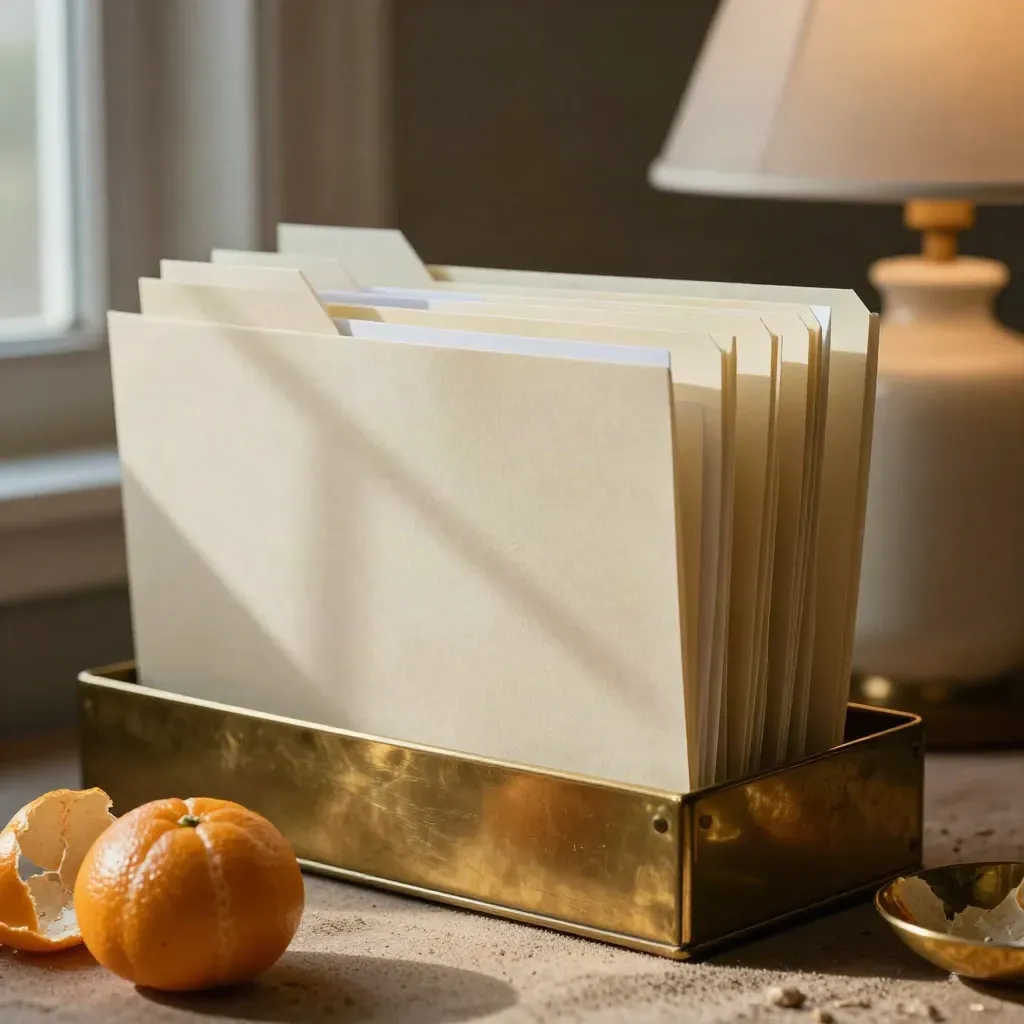 Tax-season files in a brass tray beside an unlit lamp and citrus at blue dusk.