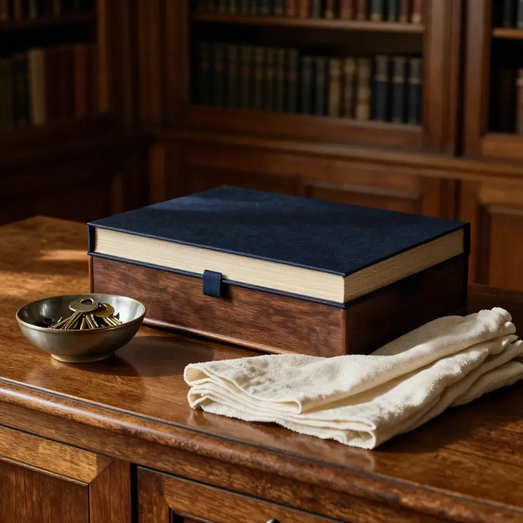 Library sideboard with a sealed document box, wooden frame, keys bowl and folded linen in warm late light.