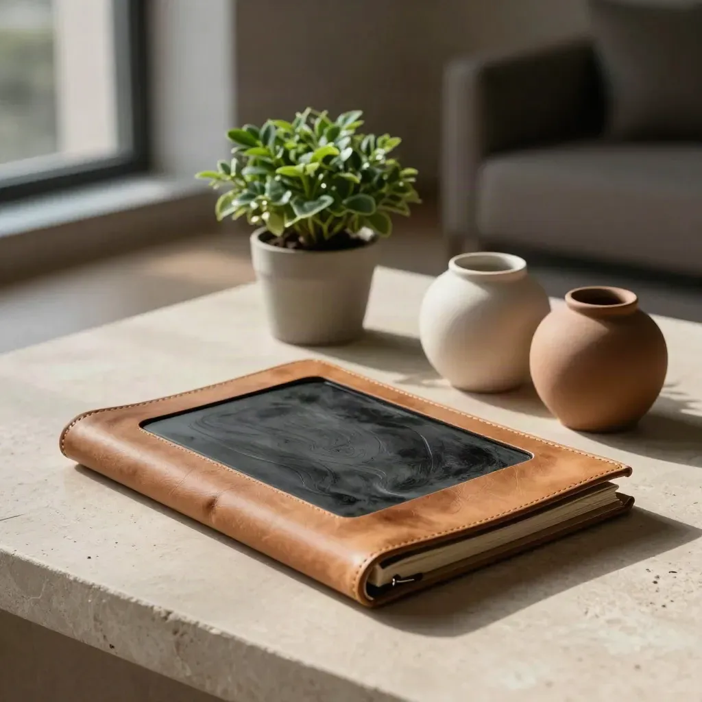 Leather folio, closed tablet, plant and ceramic objects on pale stone in soft evening light.