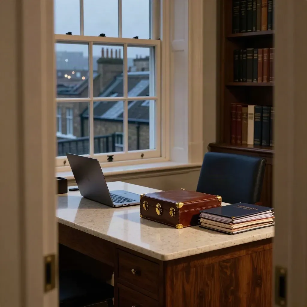 Georgian townhouse study with a closed laptop, ledger box, and dusk rooftops beyond the window.