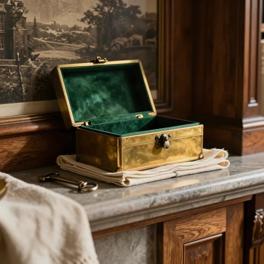 Brass inheritance box, turned frame and folded linen on a walnut mantel in a library.