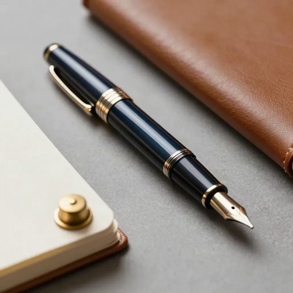 Capped fountain pen beside a leather notebook spine and brass clip on pale stone.