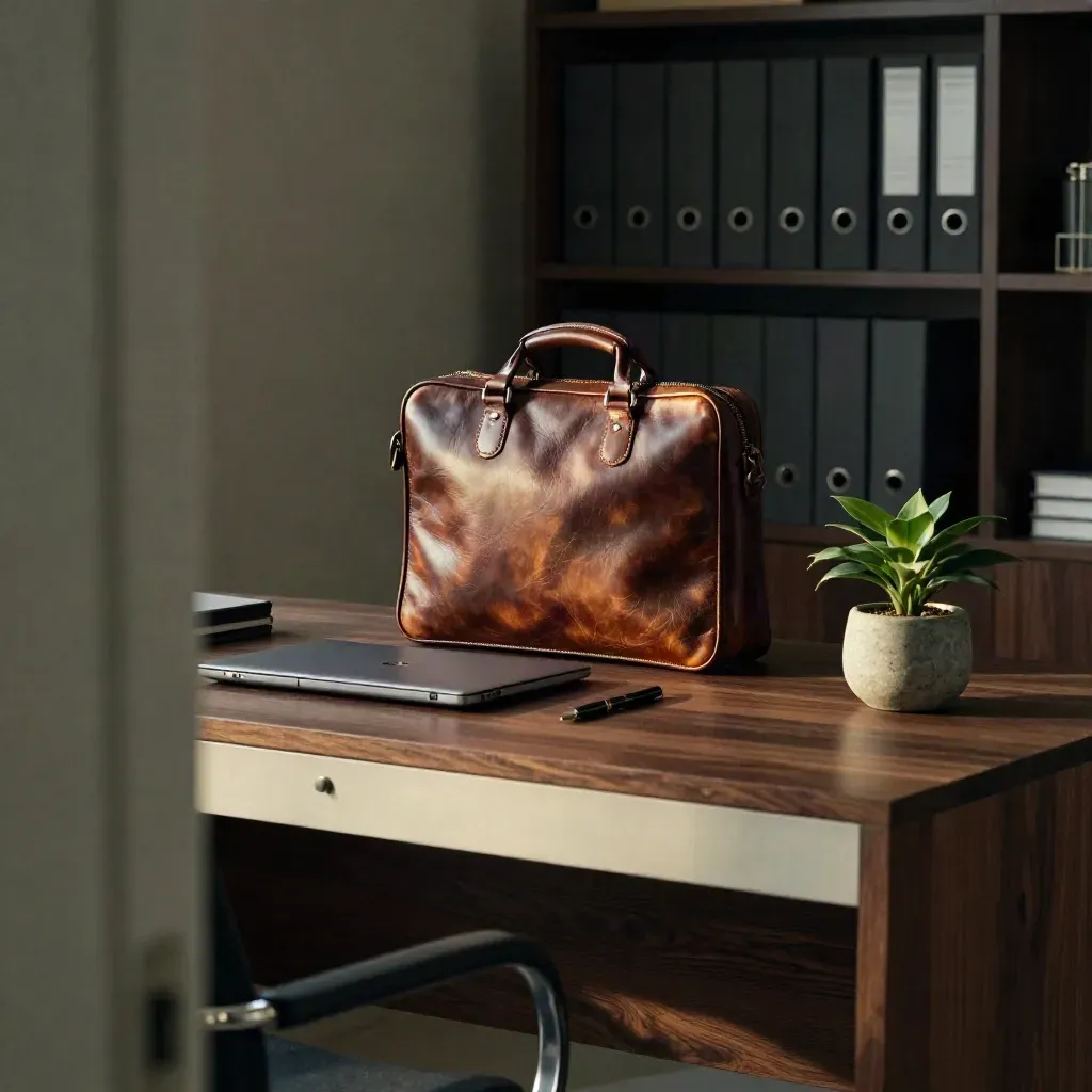 Moody office desk with briefcase, closed laptop, pen and plant in late light