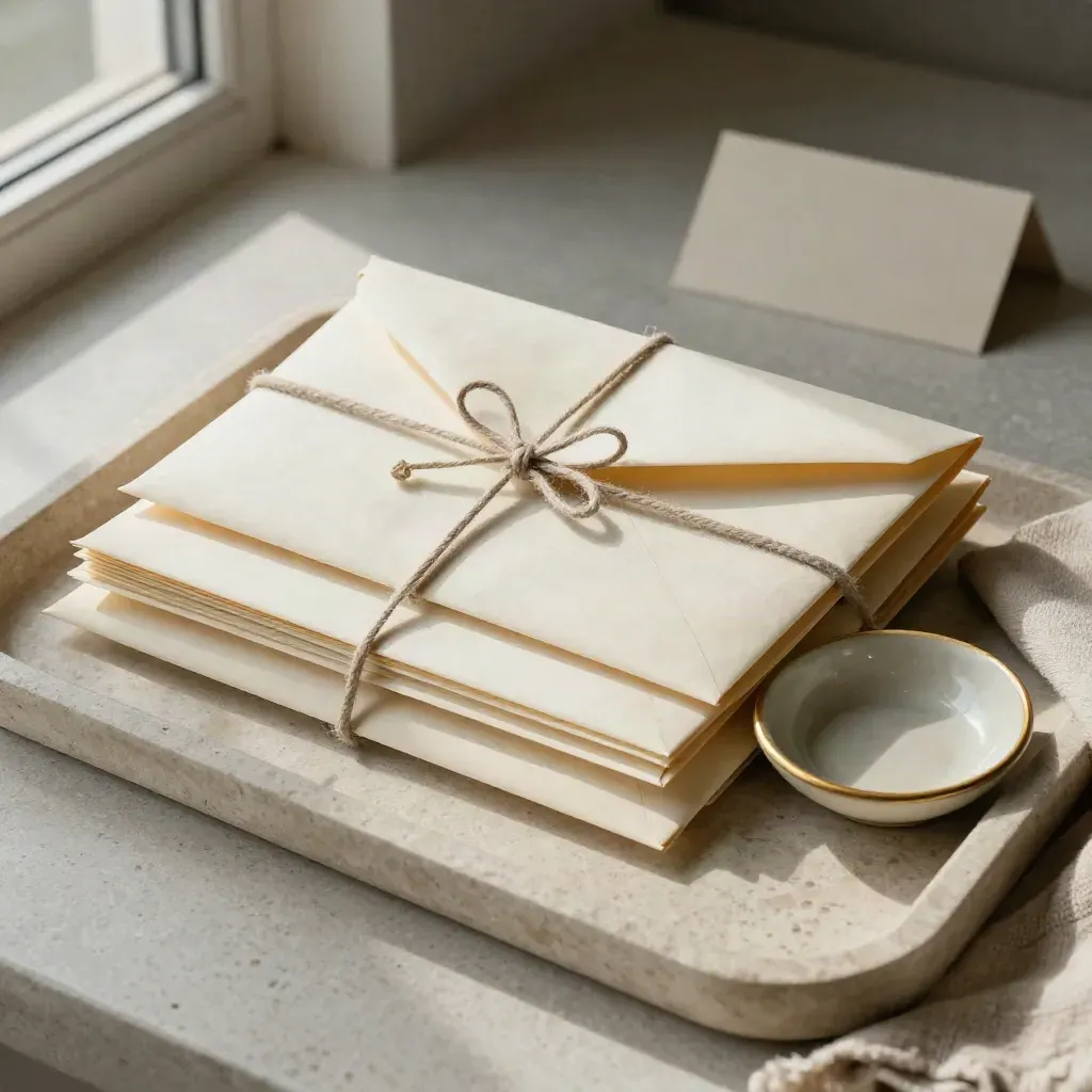 Nested archival envelopes and a ceramic dish on stone, soft window light, pension planning still-life.