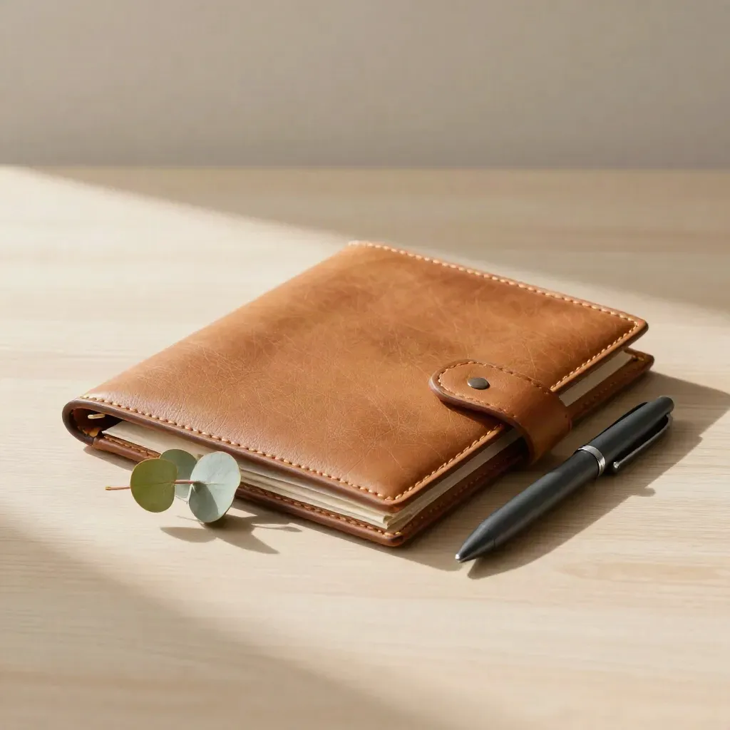 Closed leather savings folder with matte pen and eucalyptus on pale wood, warm side light.
